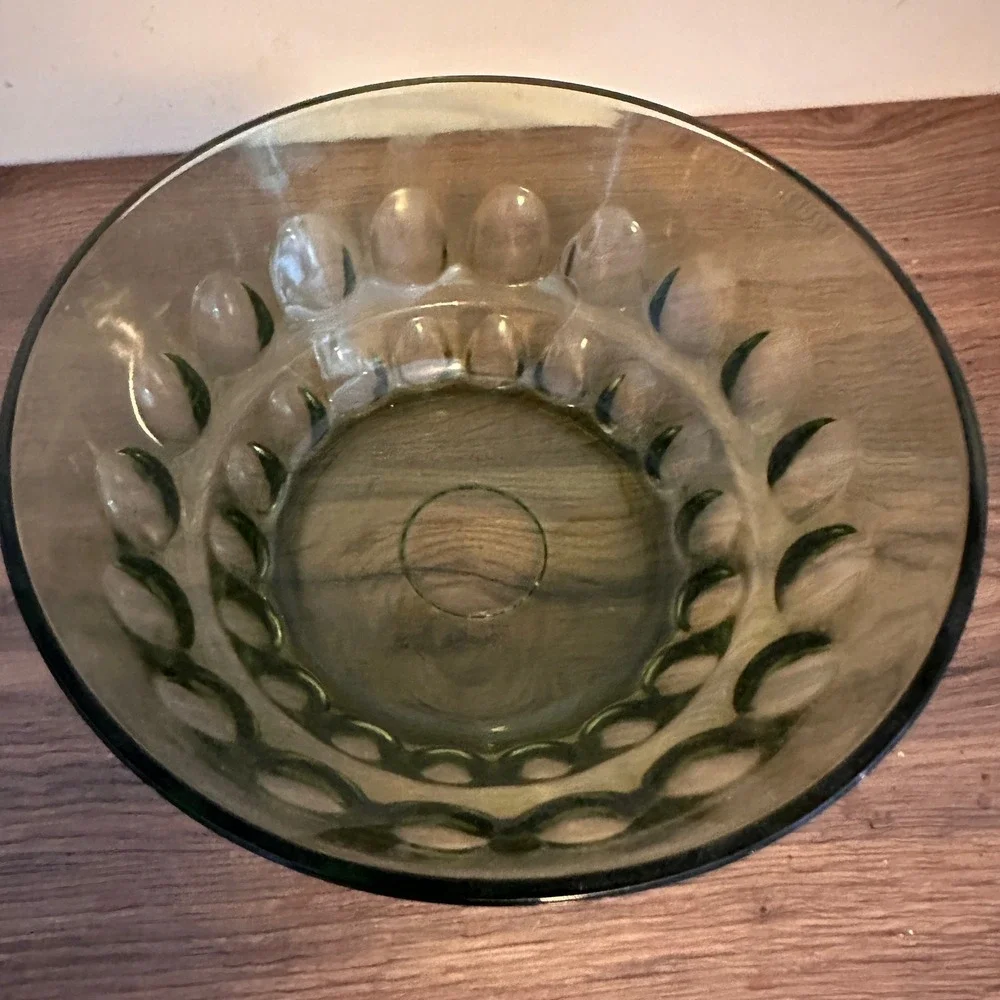 Vintage Avocado Green Glass Serving Bowl Mid Century Teardrop Panel 9